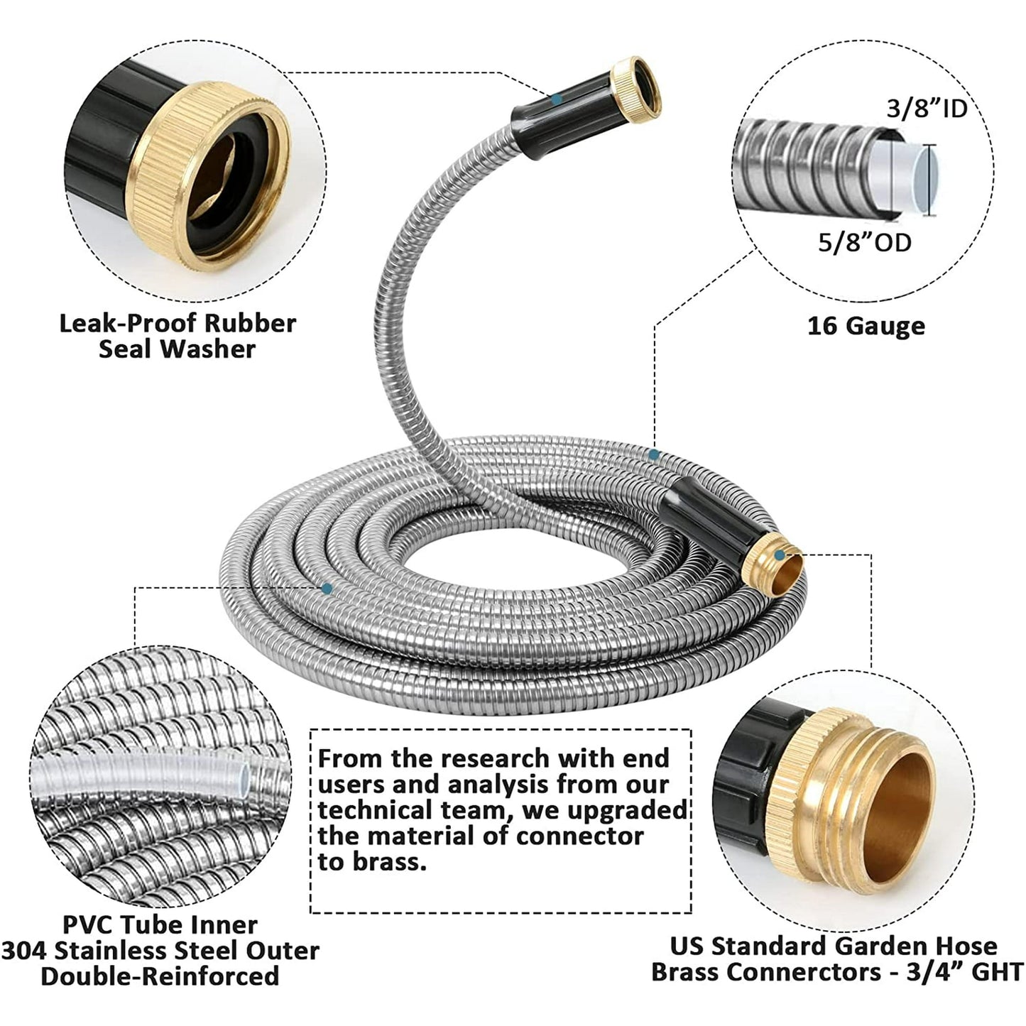 304 Stainless Steel Water Hose with Jet Sprayer Nozzle for Outdoor Yard 25ft