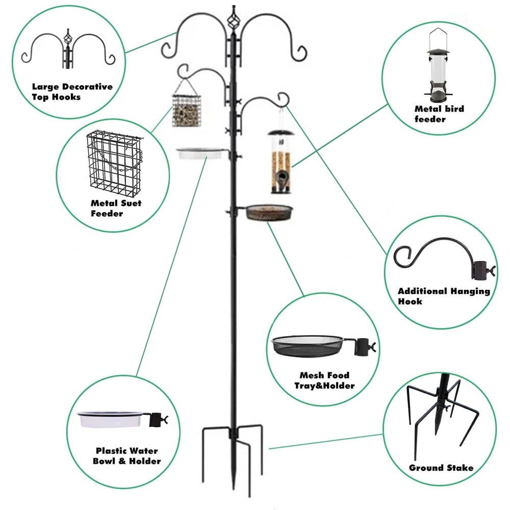 4-Hook Bird Feeding Station Bird Feeding Station Kit 92in Steel Tall Bird Feeder Poles with Bird Bath, Mesh Tray Suet Feeder
