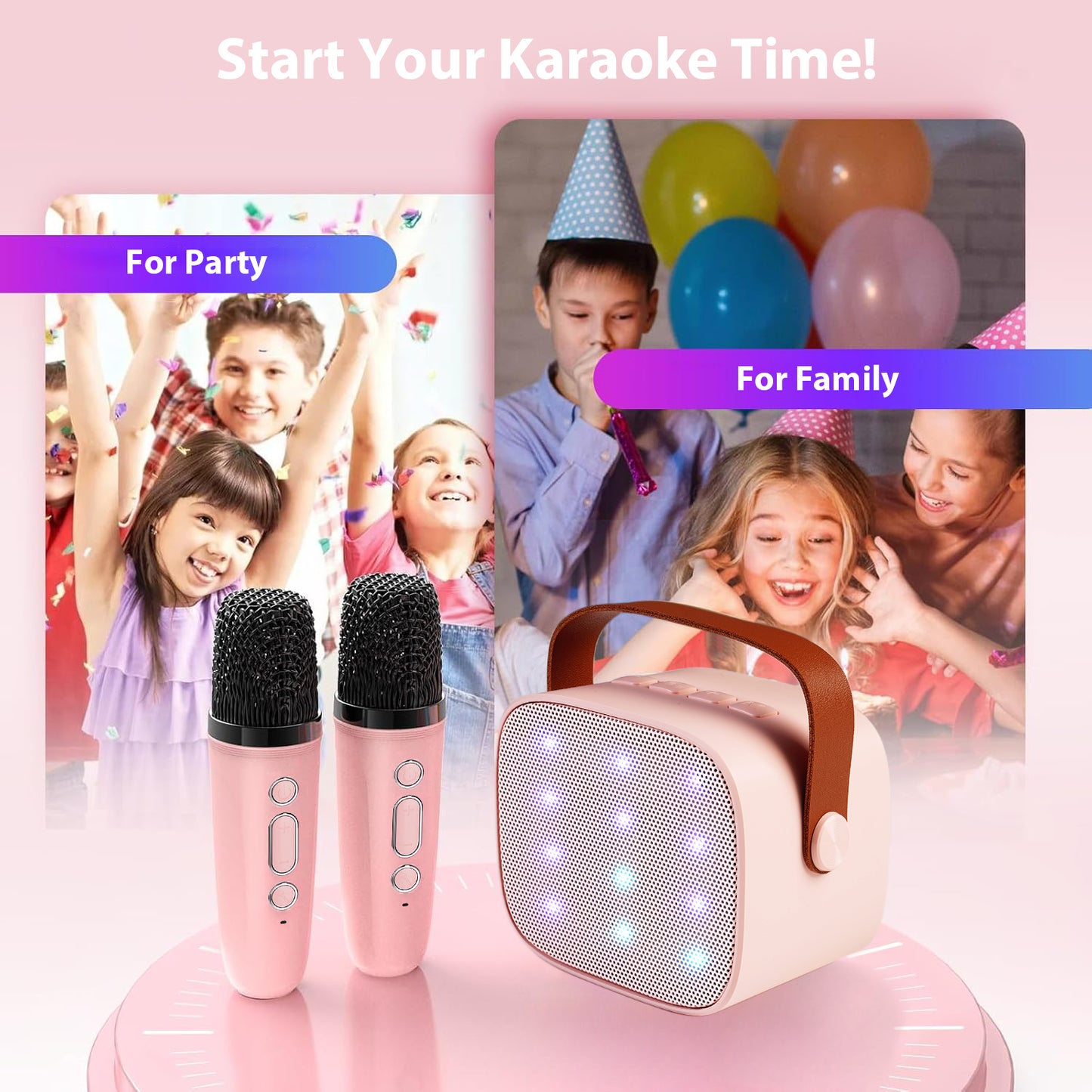 Kids Karaoke Machine with 2 Wireless Microphones – Portable Bluetooth Speaker for Singing & Play – Gift for Girls & Boys Ages 3-12 (Pink)