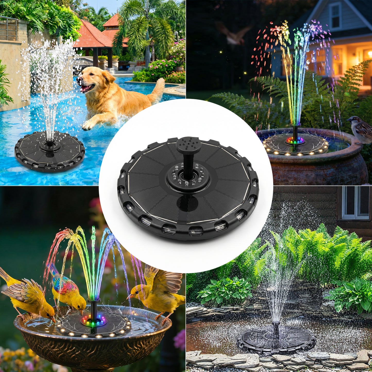 Solar Water Fountain Solar Pump for Bird Bath, Garden, Pond Colorful Lights