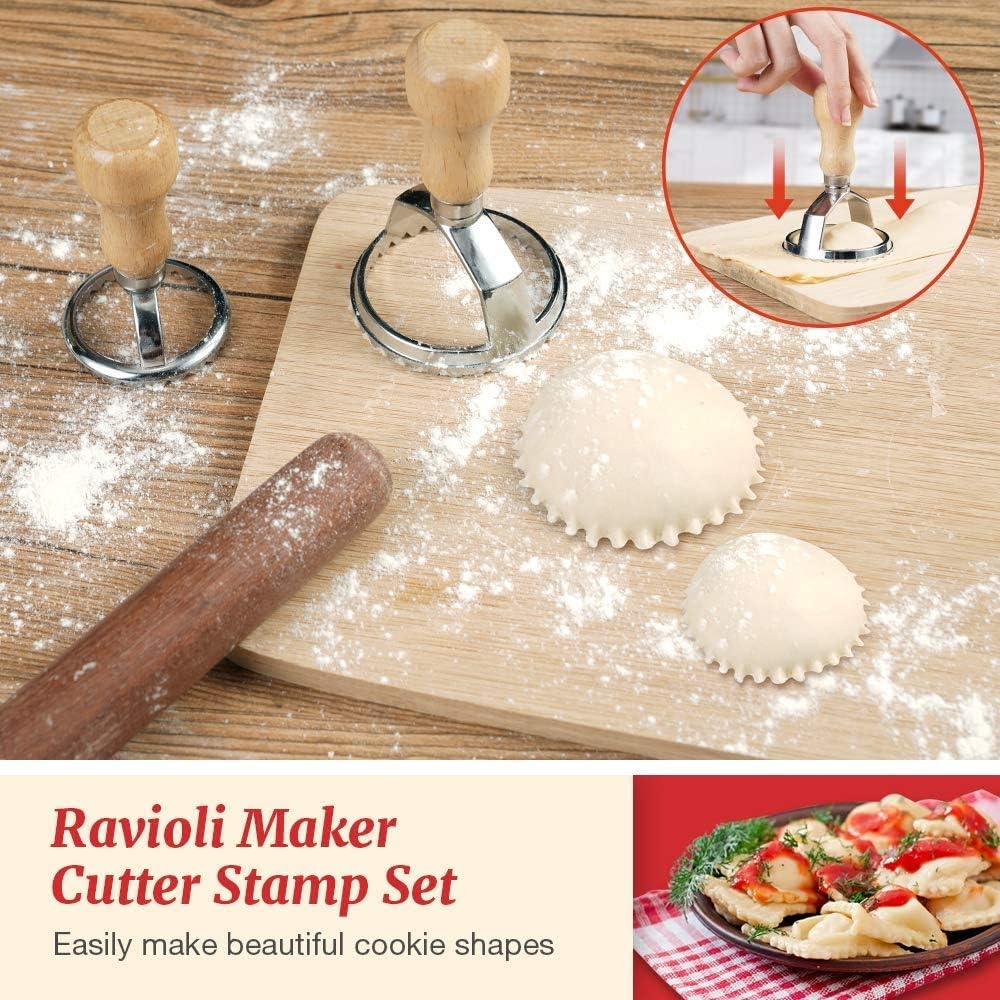 13 Pieces Stainless Steel Dumplings Maker With 5 Pieces Wooden Handle Four Shapes and Three Sizes For Ravioli, Pasta, Dumplings, Lasagna