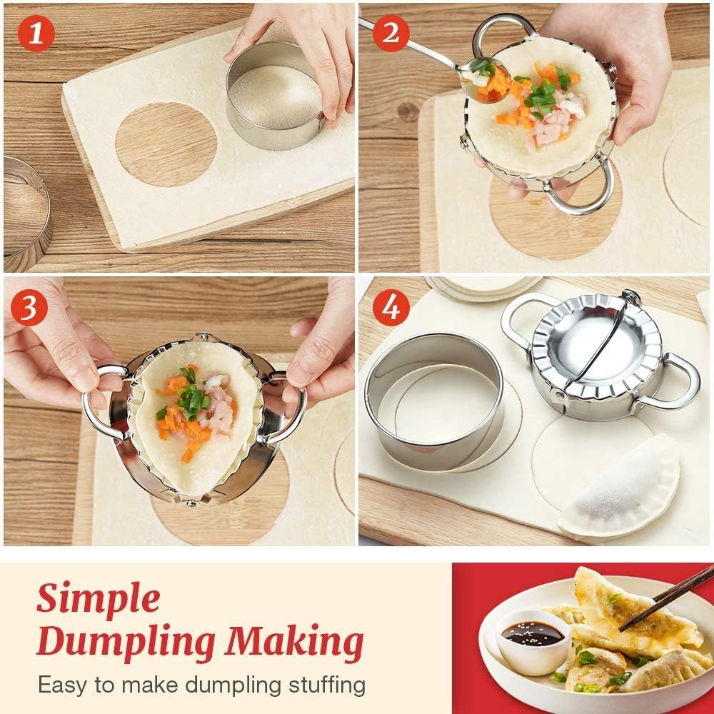 13 Pieces Stainless Steel Dumplings Maker With 5 Pieces Wooden Handle Four Shapes and Three Sizes For Ravioli, Pasta, Dumplings, Lasagna
