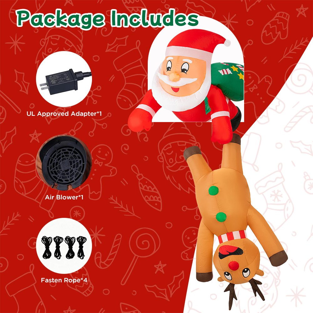 7FT Hanging Christmas Inflatables Decorations, Santa Claus and Reindeer Xmas Decor with LED Lights for Beam Roof Tree Indoor Home Party