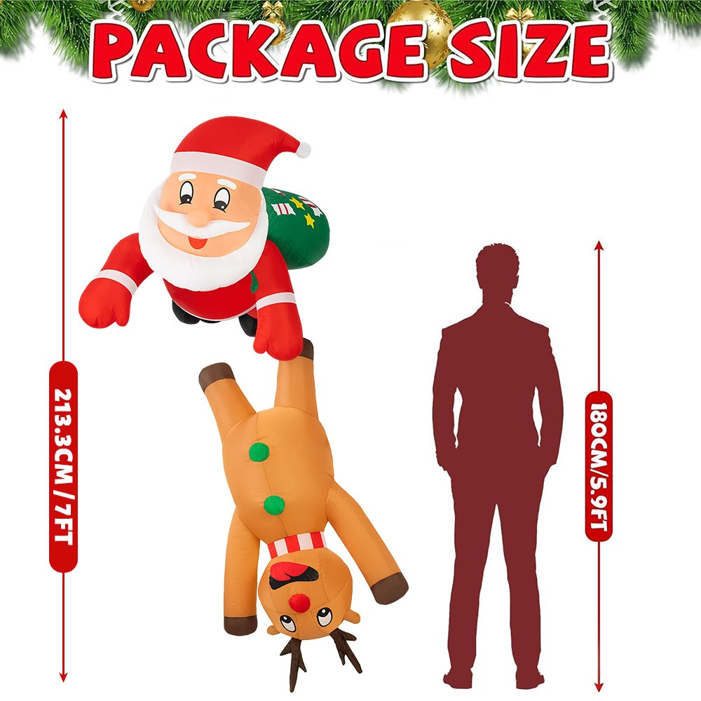7FT Hanging Christmas Inflatables Decorations, Santa Claus and Reindeer Xmas Decor with LED Lights for Beam Roof Tree Indoor Home Party