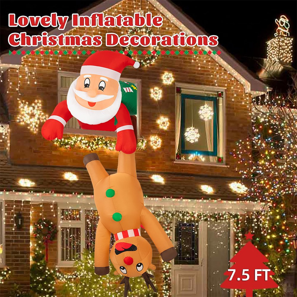 7FT Hanging Christmas Inflatables Decorations, Santa Claus and Reindeer Xmas Decor with LED Lights for Beam Roof Tree Indoor Home Party