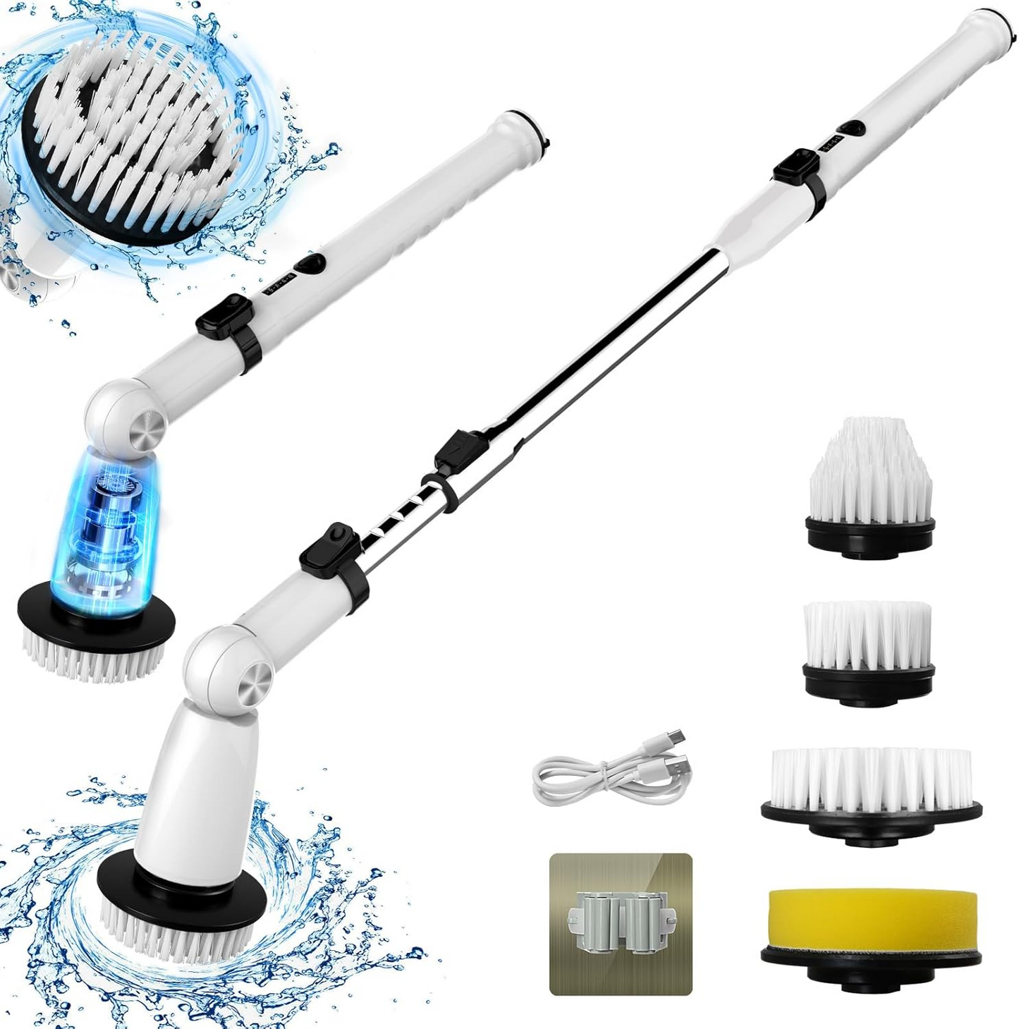 Electric Spin Scrubber with 4 Brush Heads – Extendable Handle USB-C Rechargeable – for Bathroom Shower & Tile Cleaning