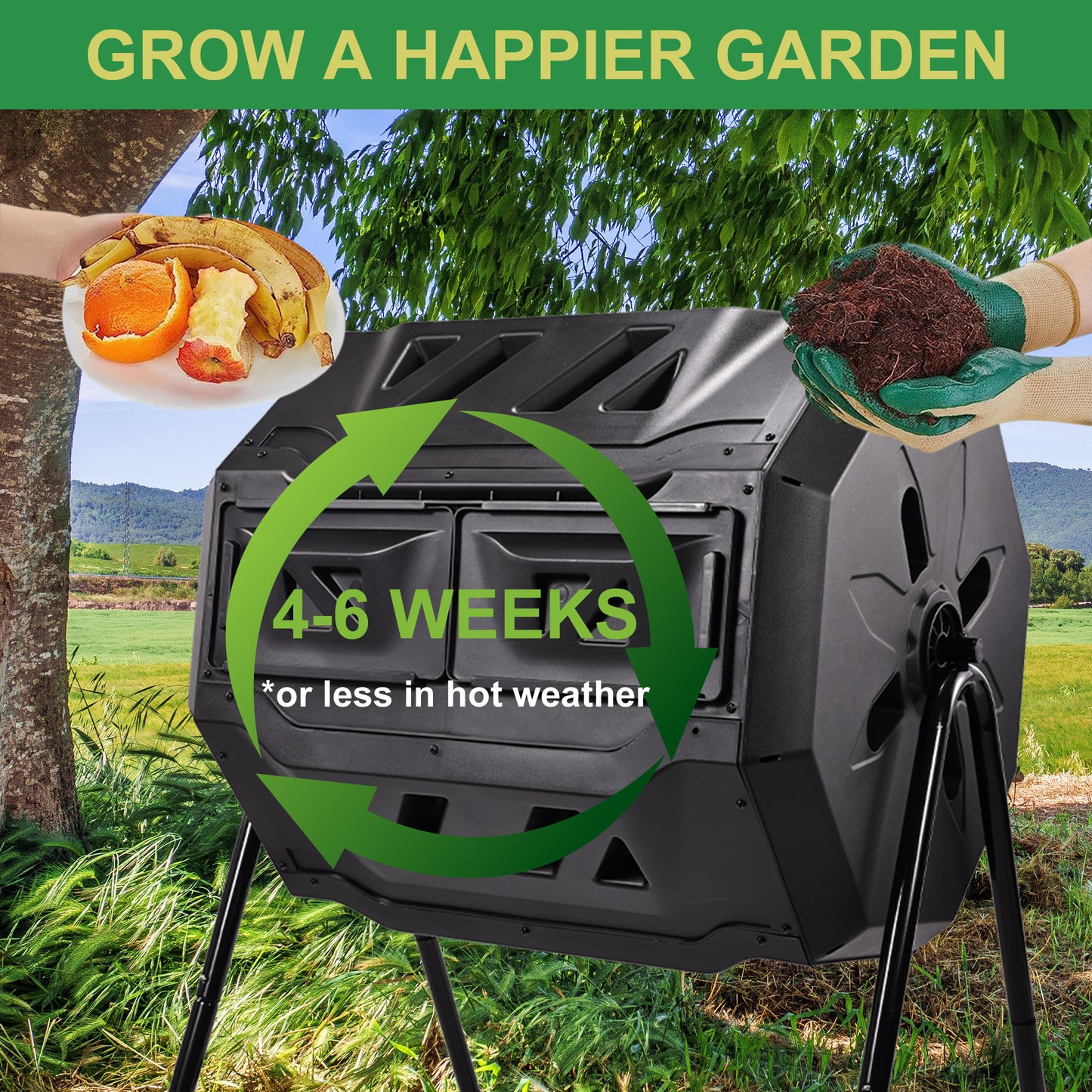 Outdoor Plastic Dual Chamber 360 ⁰ Tumbling Composter Bin for Garden Kitchen Yard 35 Gallon