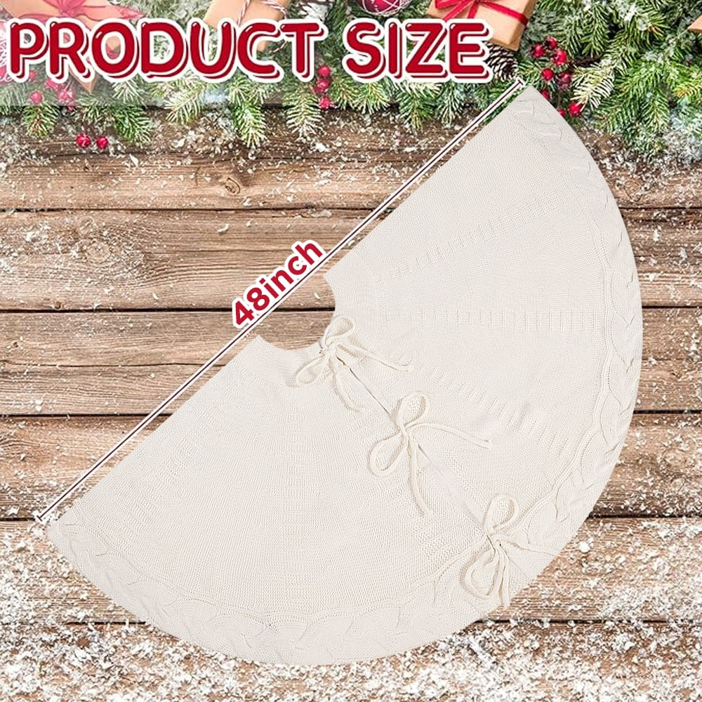 48-Inch White Cable Knit Christmas Tree Skirt - Cozy Rustic Farmhouse Decor for Hearth, Xmas Tree Collar & Holiday Parties SKU: Christmas Tree Skirt