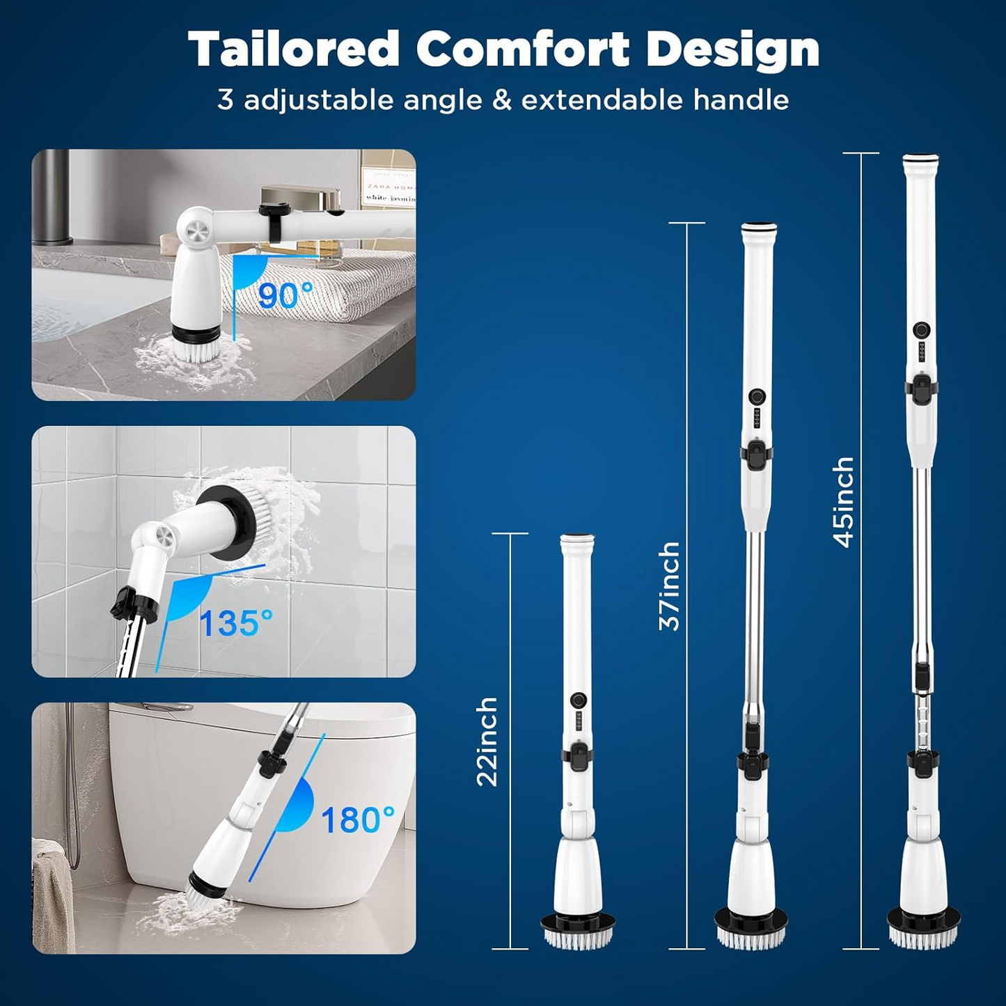 Electric Spin Scrubber with 4 Brush Heads – Extendable Handle USB-C Rechargeable – for Bathroom Shower & Tile Cleaning