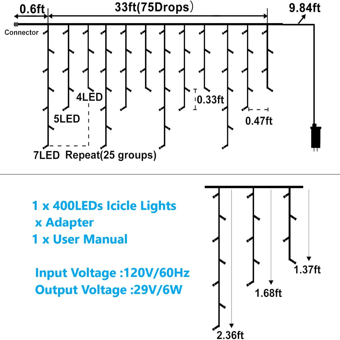 33ft Christmas Icicle String Lights 400 LED 8 Modes Waterproof Timer for Holiday Party Wedding Multicolor