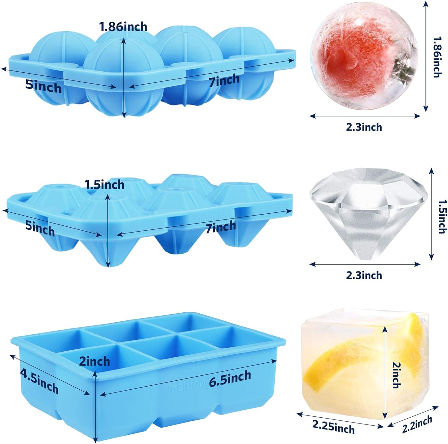 Silicone Ice Cube Trays Square Sphere Diamond Shape 3 Pack