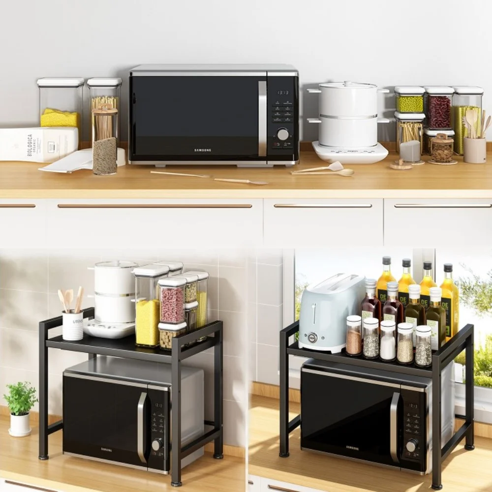 Adjustable 2-Tier Microwave Oven Rack Baker's Rack Shelf for Kitchen Counter Utensils Black