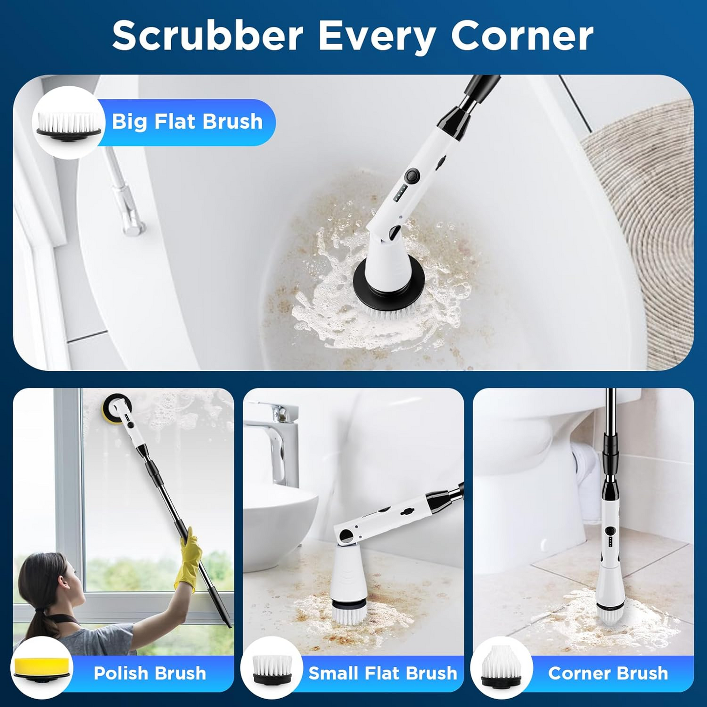 Electric Spin Scrubber - Power Shower Cleaning Brush with Extendable Handle & 4 Brush Heads
