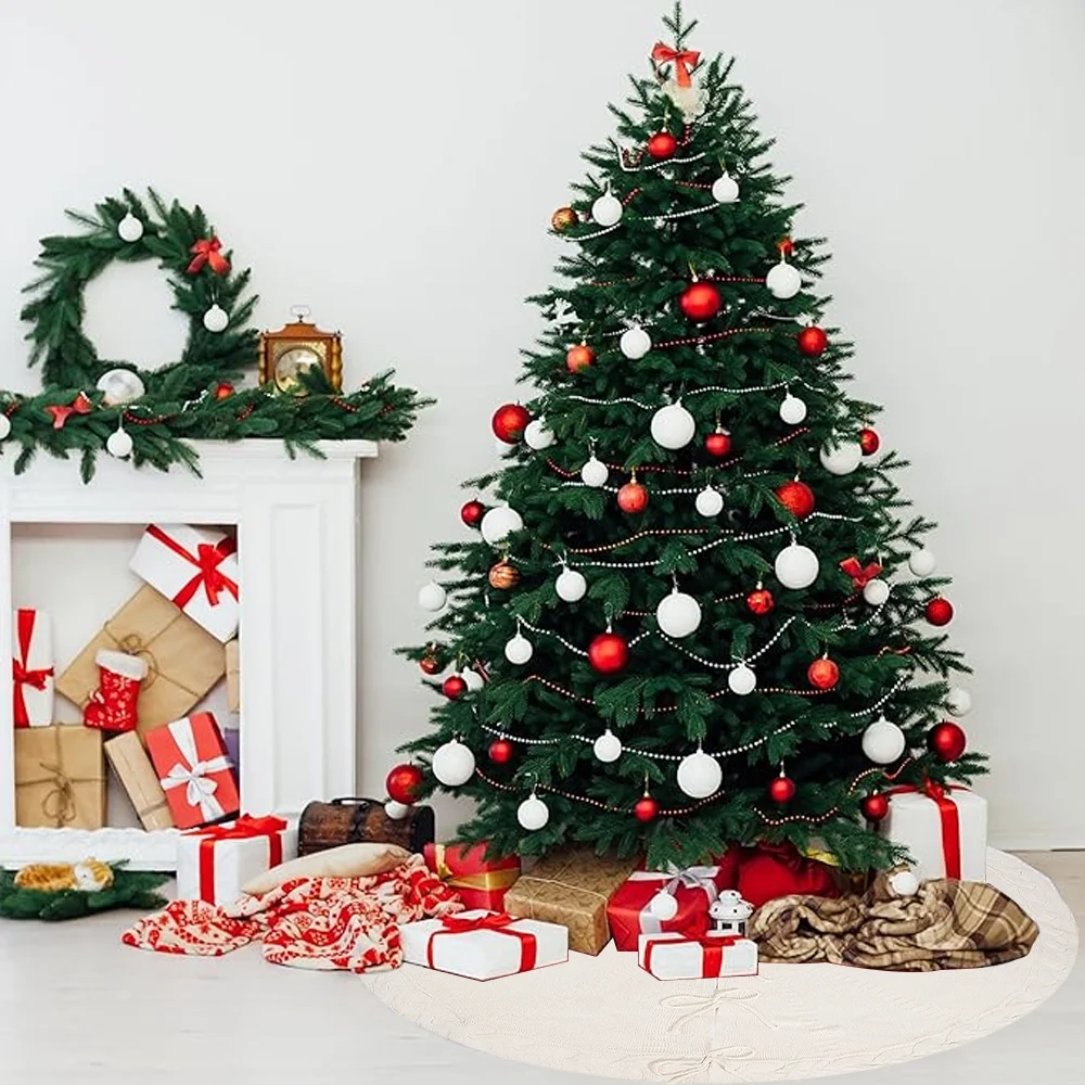48-Inch White Cable Knit Christmas Tree Skirt - Cozy Rustic Farmhouse Decor for Hearth, Xmas Tree Collar & Holiday Parties SKU: Christmas Tree Skirt