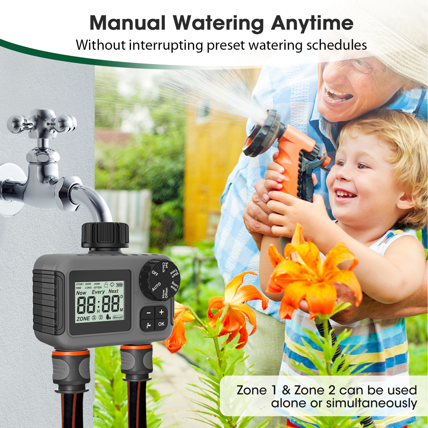 Water Timer for Garden Hose - 2 Zone Sprinkler Timer with Rain Delay/Manual Watering/Automatic Irrigation Controller System