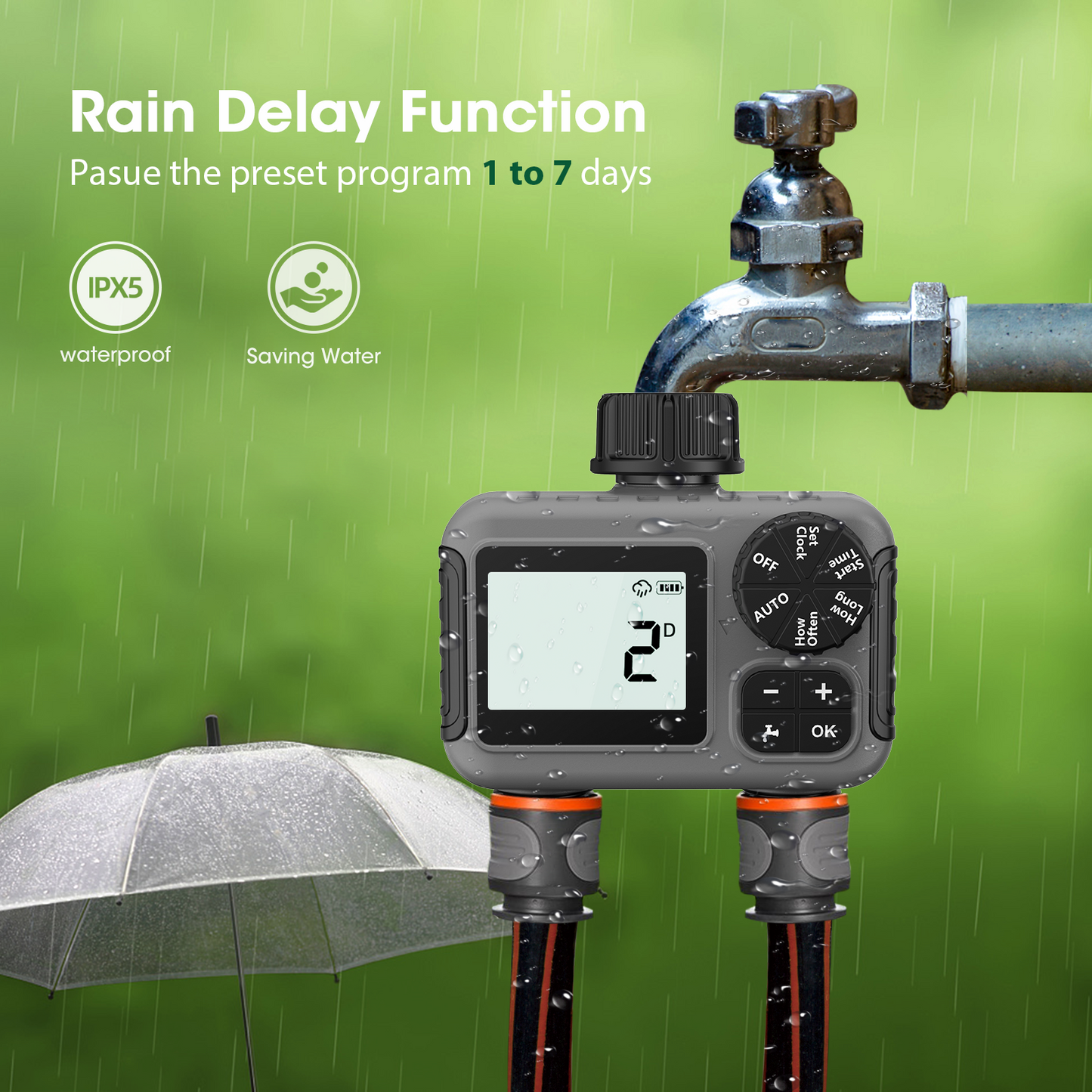 Water Timer for Garden Hose - 2 Zone Sprinkler Timer with Rain Delay/Manual Watering/Automatic Irrigation Controller System