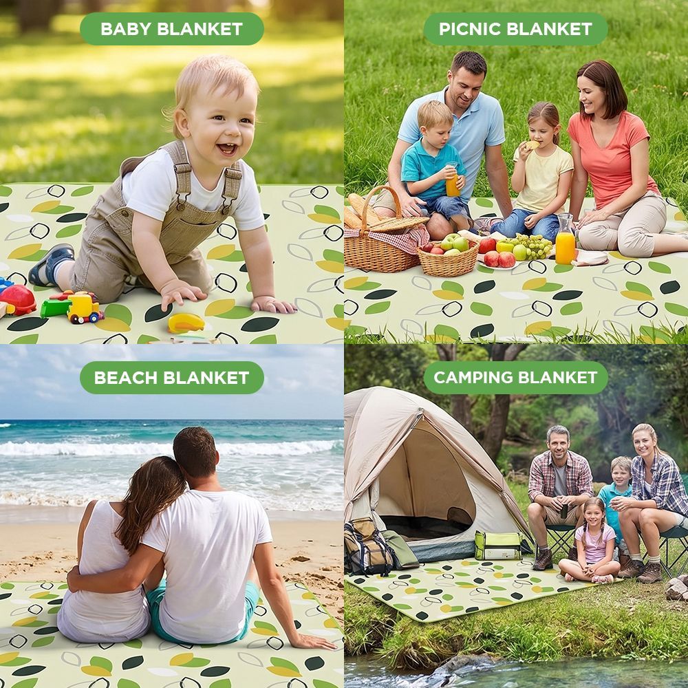 80"x80" Extra Large Waterproof Picnic Blanket - Foldable Outdoor Mat for Beach, Camping & Park - Green/White leaves