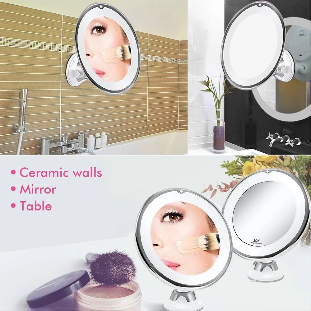 10X Magnifying Lighted Makeup Mirror 360° Rotation with Strong Suction Cup