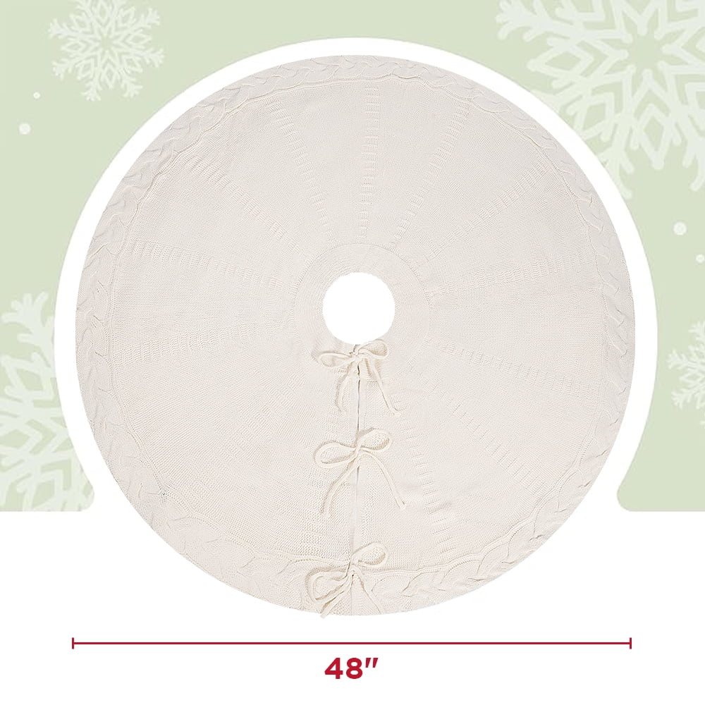 48-Inch White Cable Knit Christmas Tree Skirt - Cozy Rustic Farmhouse Decor for Hearth, Xmas Tree Collar & Holiday Parties SKU: Christmas Tree Skirt