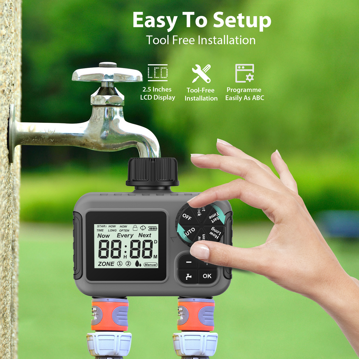 Water Timer for Garden Hose - 2 Zone Sprinkler Timer with Rain Delay/Manual Watering/Automatic Irrigation Controller System