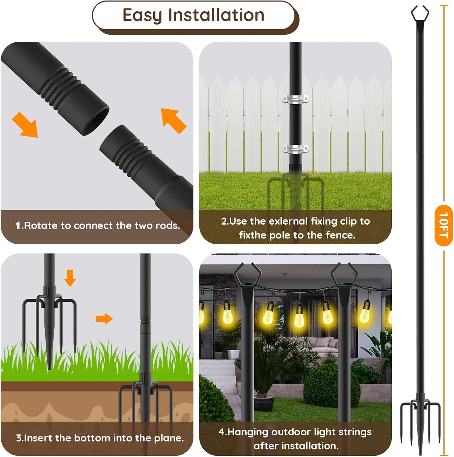 4 Pack Metal Outdoor Light Poles – 8.85ft Tall Stands with Brackets for String Lights