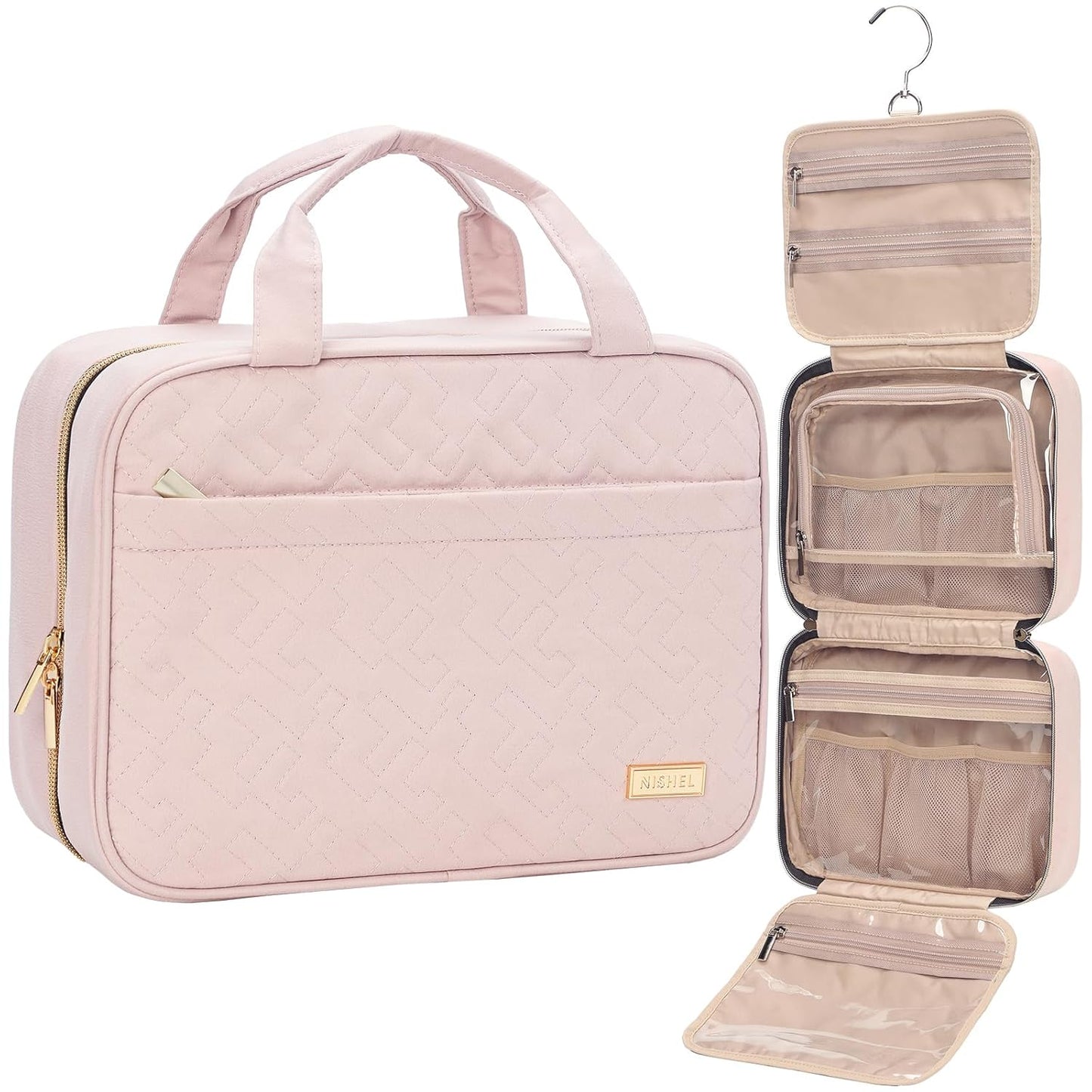 Travel Toiletry Bag for women, Portable Hanging Organizer for Travel-Sized Shampoo, Conditioner, Brushes Set, makeup Accessories, Medium Size, Pink