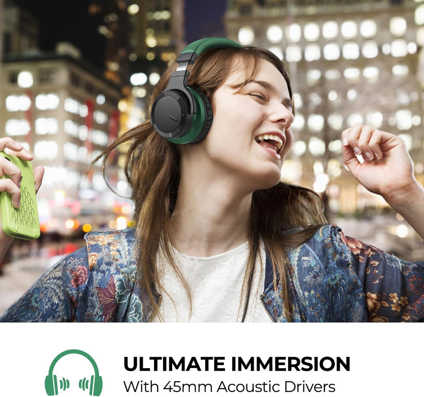 E7 Active Noise Cancelling Headphones Wireless Bluetooth Headphones with Rich Bass, Wireless Headphones with Mic, Clear Calls, Bluetooth 5.0, 30 Hours Playtime, Comfort Fit, Green