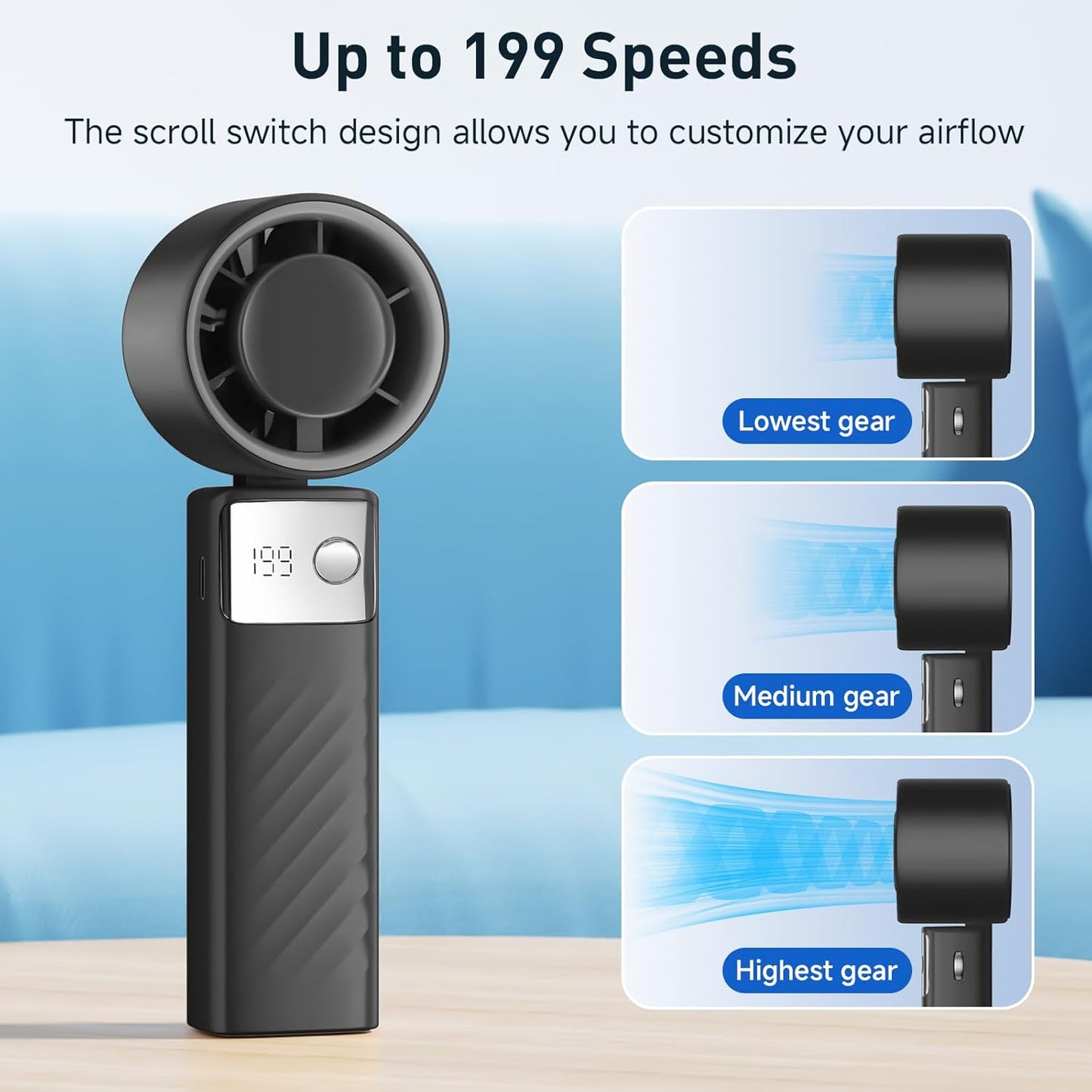 M54 Portable Handheld Turbo Fan - Foldable Mini Fan, 100-Level Adjustment, 8-12H Runtime, LED Display, Type-C Fast Charging for Indoor/Outdoor Use, Black