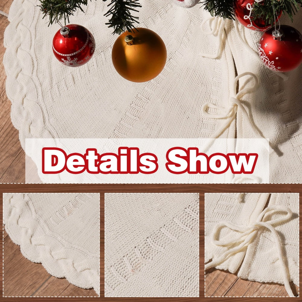 48-Inch White Cable Knit Christmas Tree Skirt - Cozy Rustic Farmhouse Decor for Hearth, Xmas Tree Collar & Holiday Parties SKU: Christmas Tree Skirt