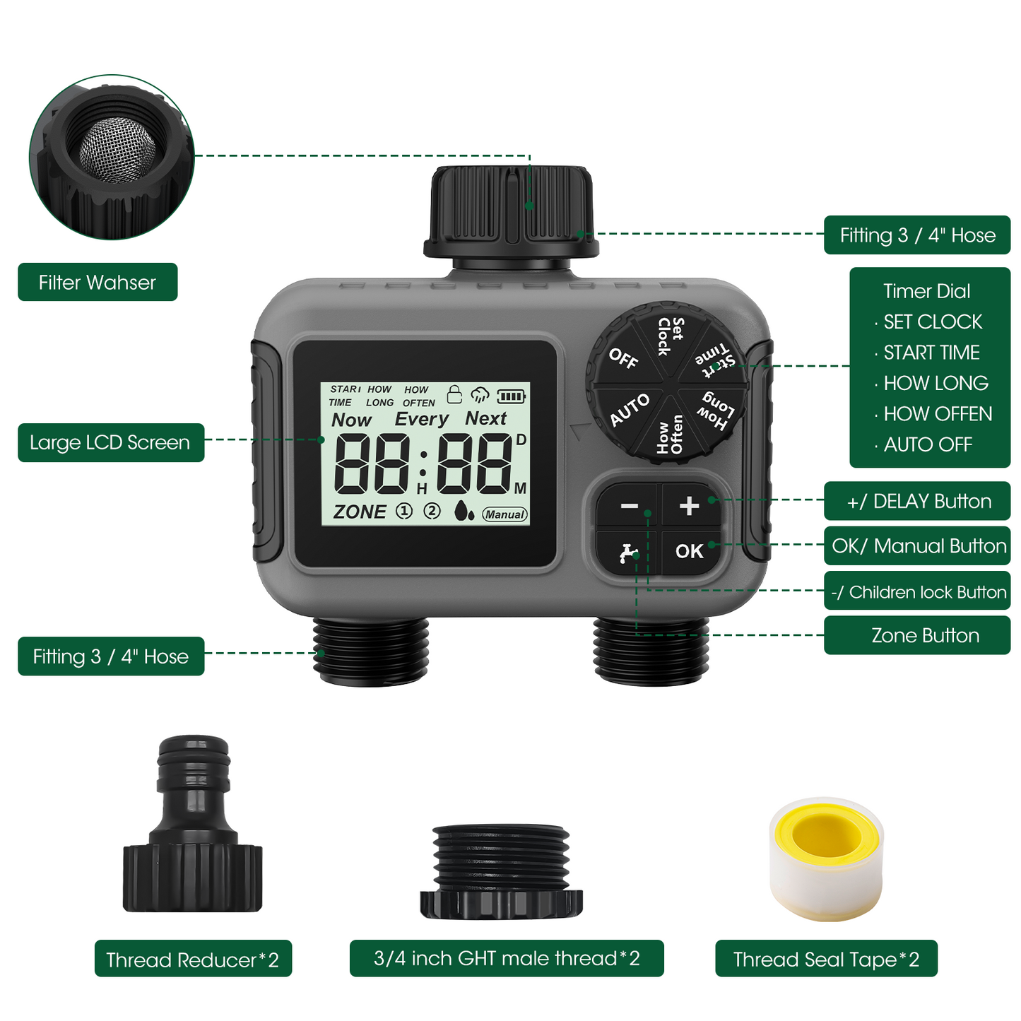 Water Timer for Garden Hose - 2 Zone Sprinkler Timer with Rain Delay/Manual Watering/Automatic Irrigation Controller System