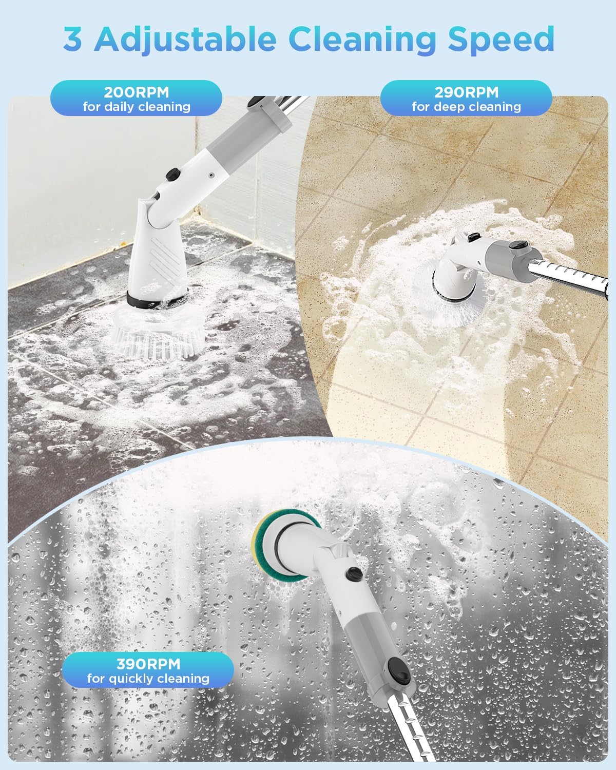 Electric Spin Scrubber, Cordless Power Brush Floor Scrubber with Adjustable Extension Arm and 4 Replaceable Bathroom Cleaning Brush Heads, Ideal for Tub, Tile, and Floor Cleaning