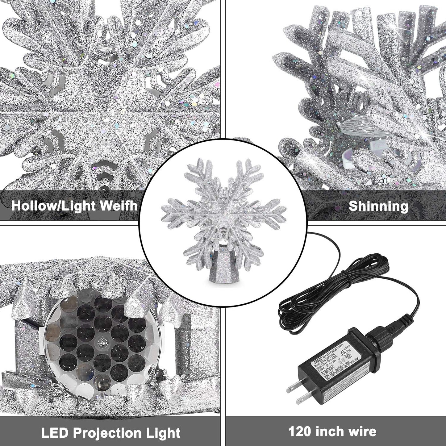 Christmas Tree Topper, 9.6” Snowflake Tree Toppers Lighted Indoor with Rotating 3D Silver Snowflake