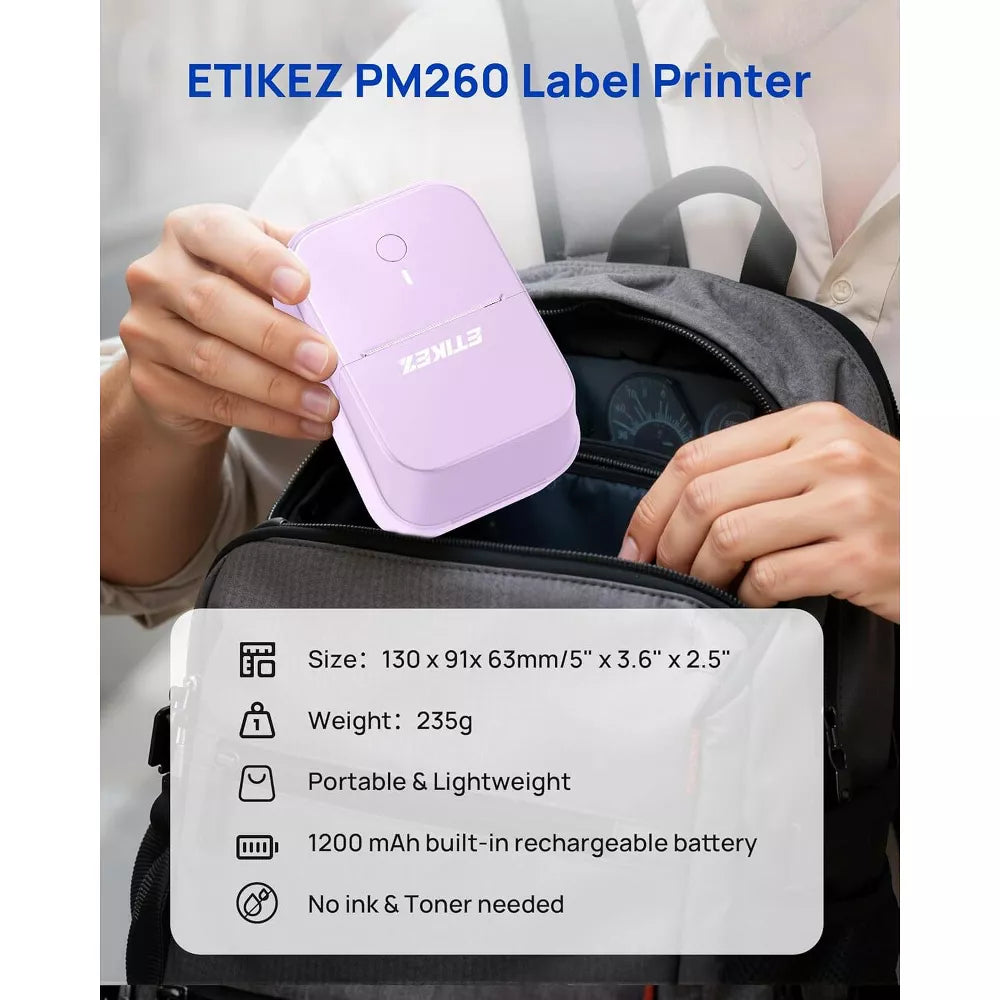 2 Inch Bluetooth Label Printer - Inkless Portable Label Maker with Tape, Purple, for Home & Office Organization