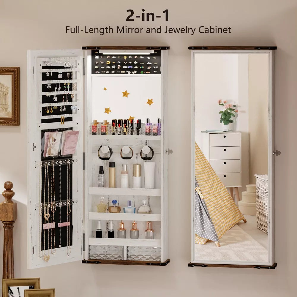 FONTOI Jewelry Armoires, Wall Mount Mirror Jewelry Cabinet with Compartments, Hanging Full Length Mirror with Secure Lock, White, 5.71"x16.14"x42.52"