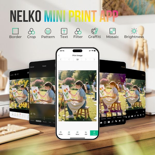 PP01 mini photo printer: Print sticky-back photos instantly from your phone with Bluetooth and the editing app,Beige