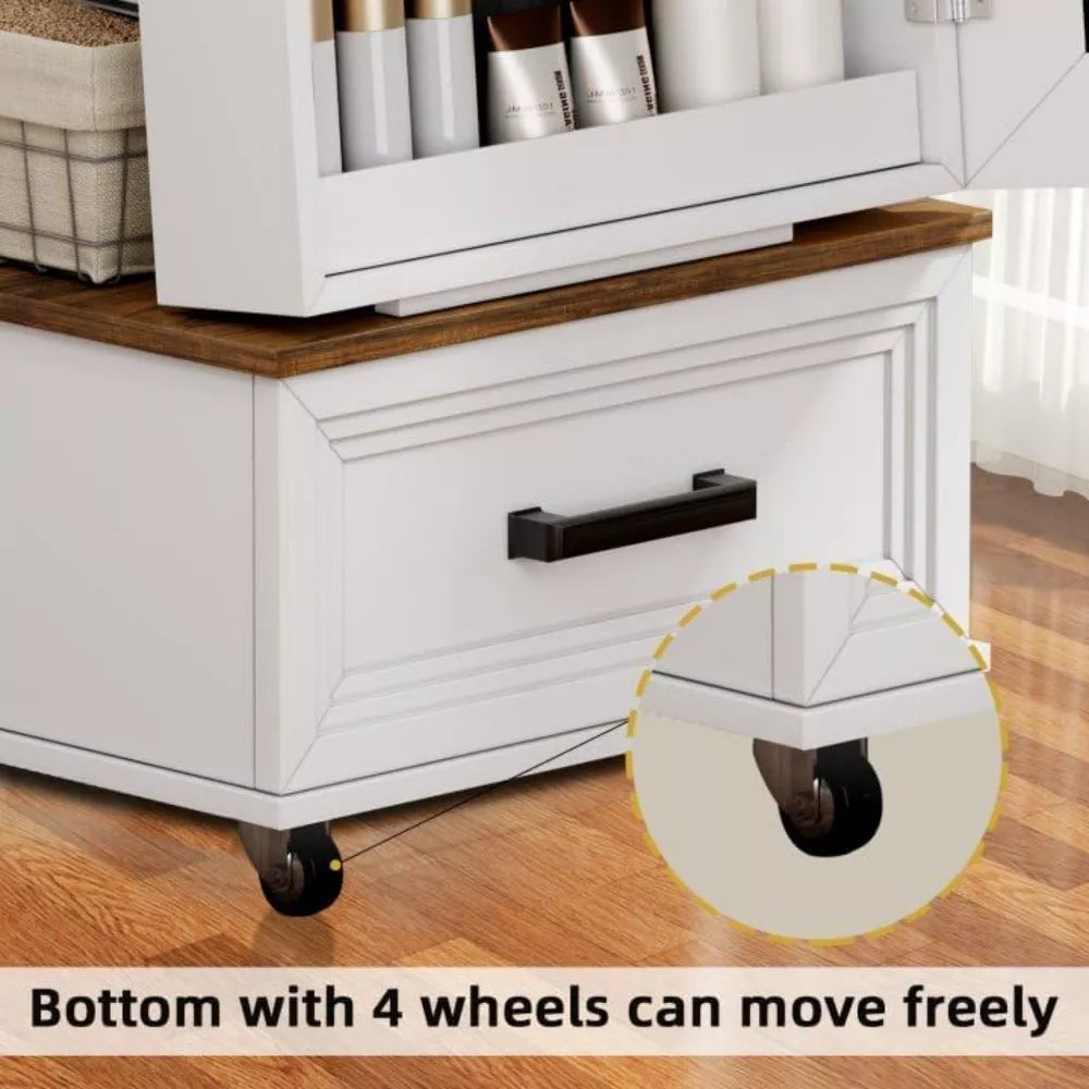 FONTOI Jewelry Armoire, Mirror Jewelry Cabinet Standing with Wheels 15.74"D x 14.56"W x 58.74"H