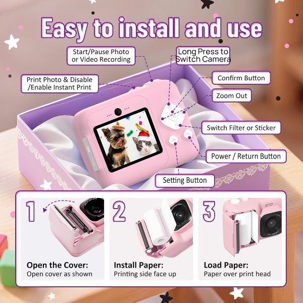 Kids Instant Print Camera, 1080P Digital Camera with 32GB SD Card & 3 Paper Rolls. Christmas Birthday Gift for 4-10 Year Old Girls Boys, Pink