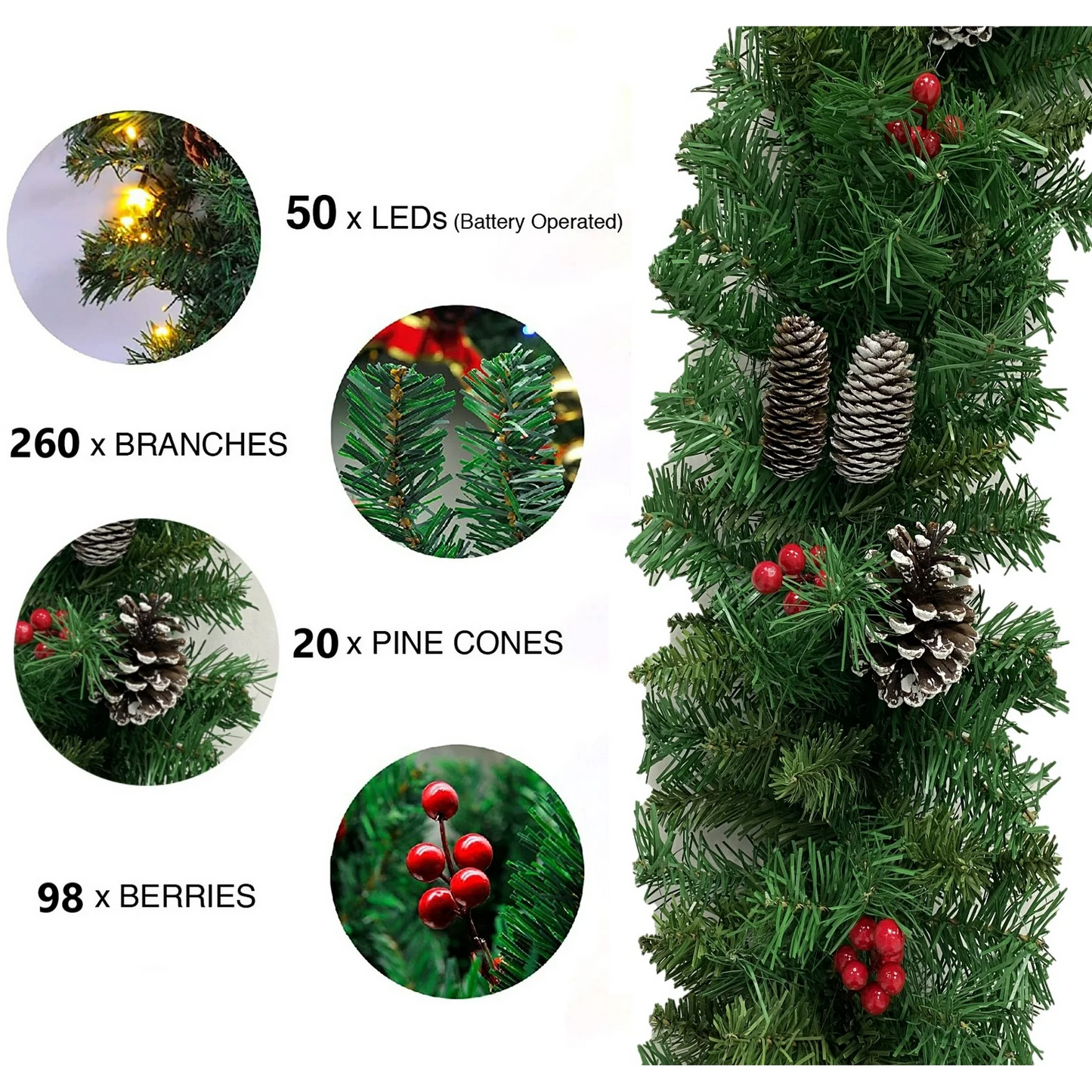 9FT Pre Lit Waterproof Christmas Artificial Garland with 50 LED Lights 20 Snowy Pinecone and 98 Red Berries