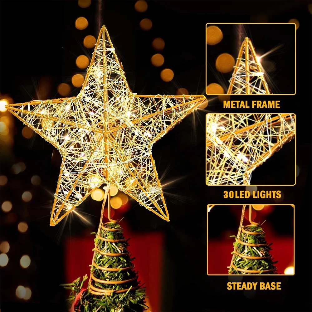 7.8In Christmas Star Tree Topper, LED Light up Hollow Gold Christmas Tree Star, Lighted Christmas Tree Topper