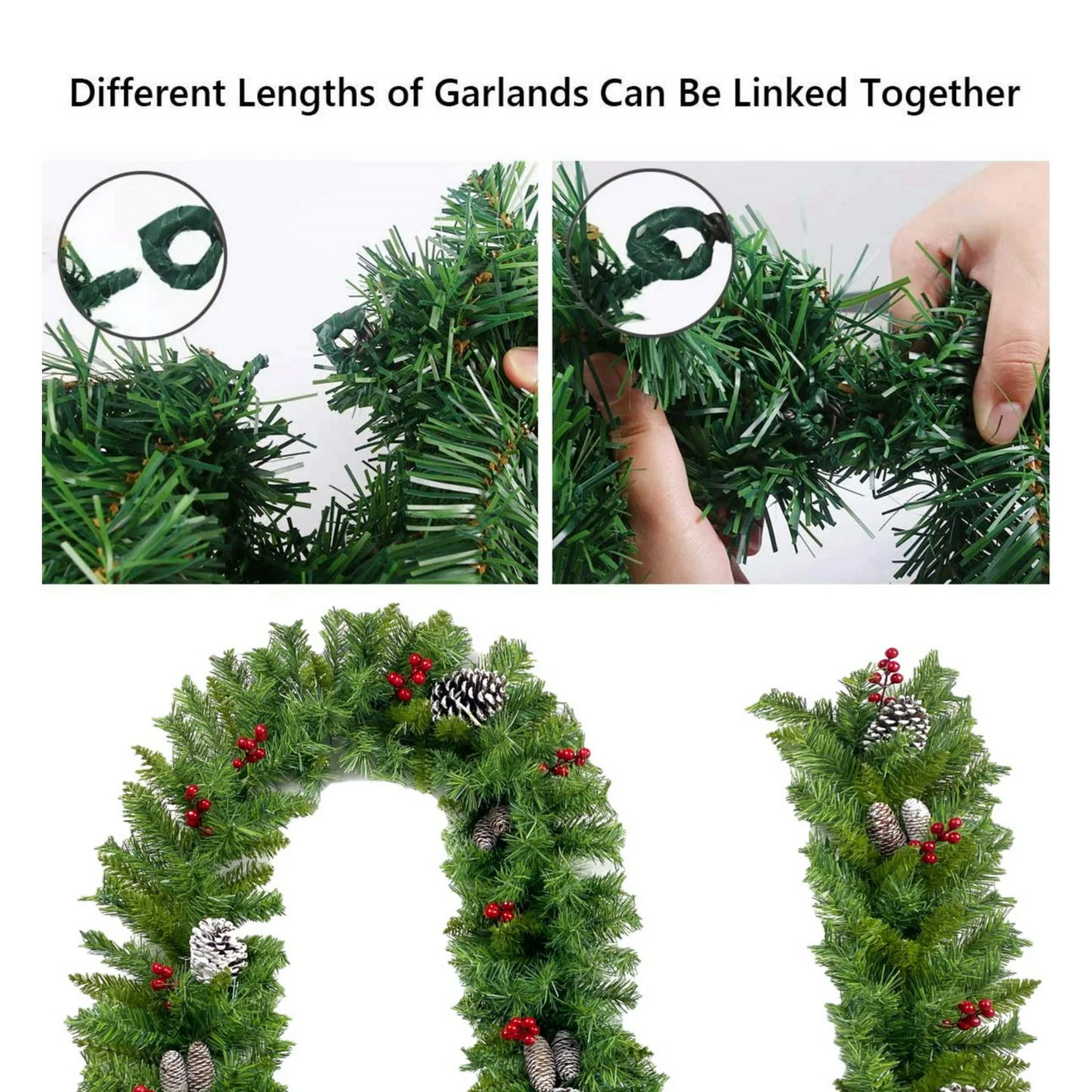 9FT Pre Lit Waterproof Christmas Artificial Garland with 50 LED Lights 20 Snowy Pinecone and 98 Red Berries