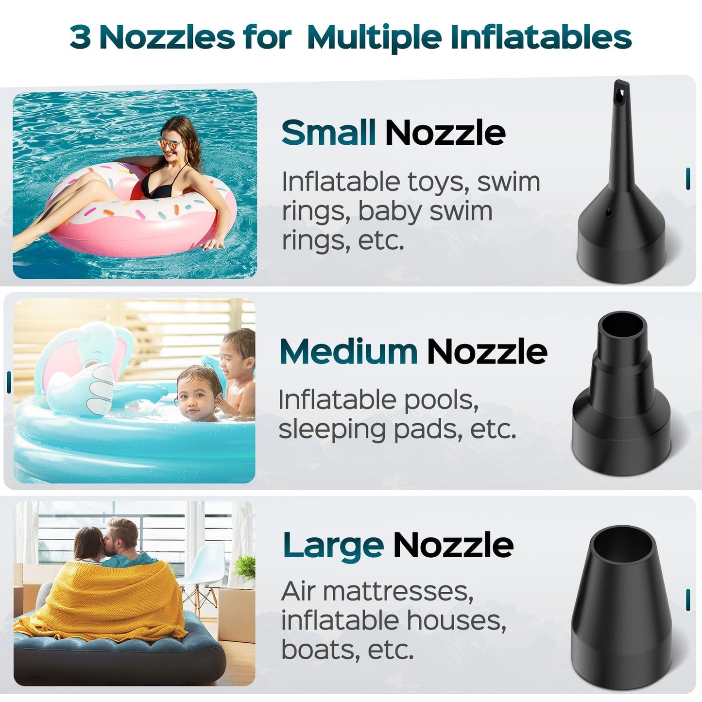 Electric Air Pump Portable Quick-Fill Inflator Pumps with 3 Nozzles