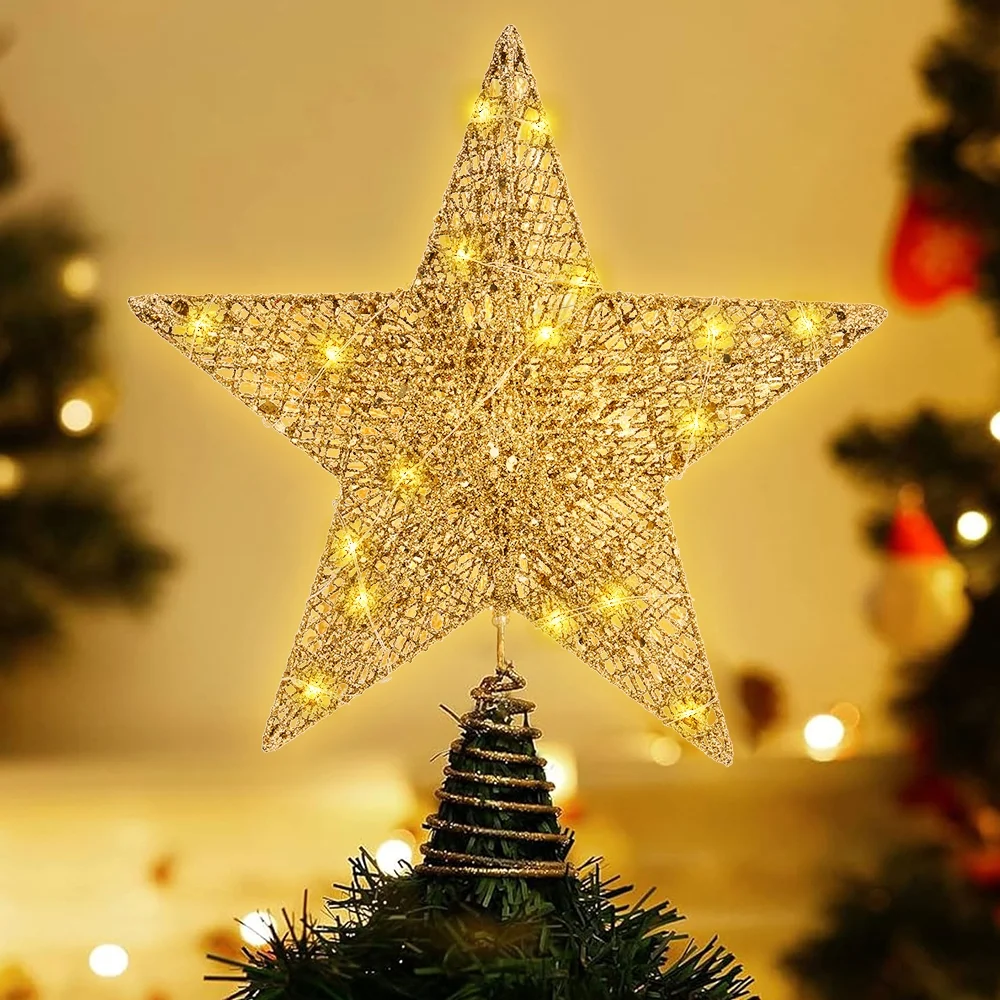 12 Inch Christmas Tree Topper, 30 LED Lighted Glitter Warm Lights Gold Star Tree Topper