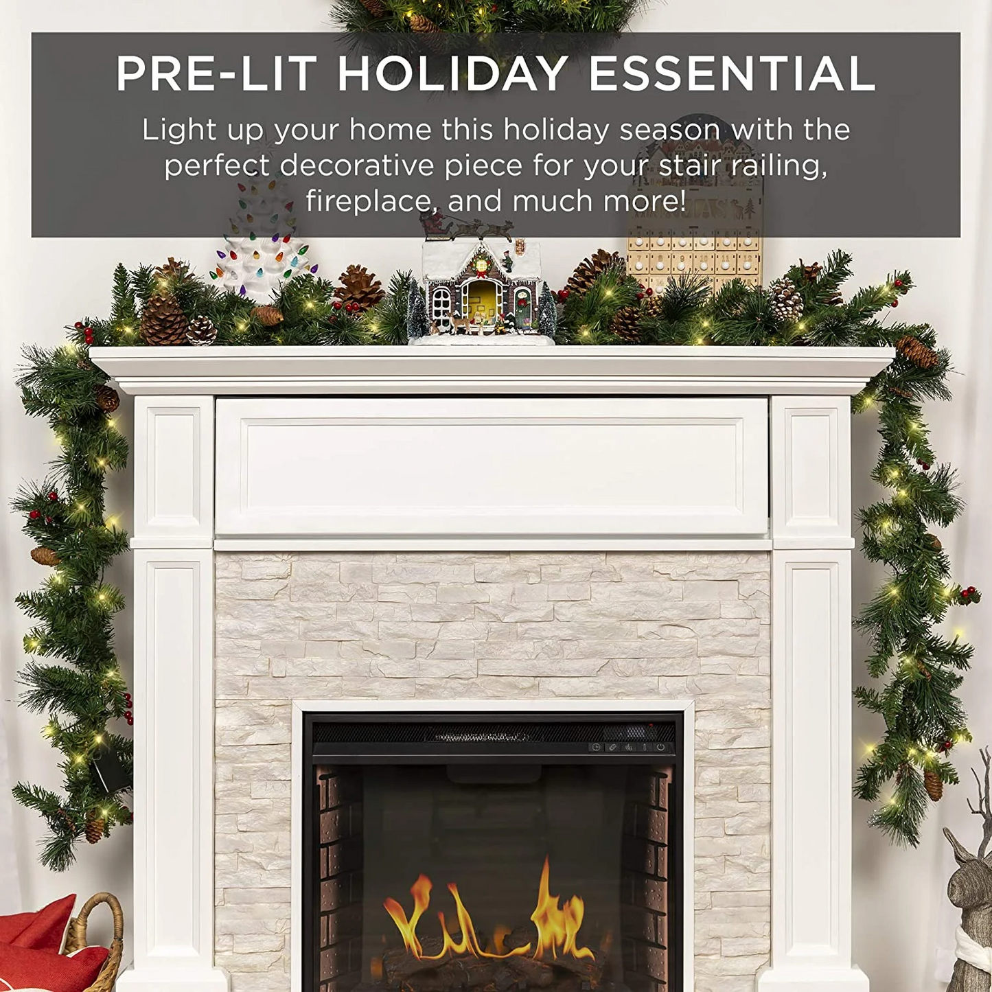 9FT Pre Lit Waterproof Christmas Artificial Garland with 50 LED Lights 20 Snowy Pinecone and 98 Red Berries