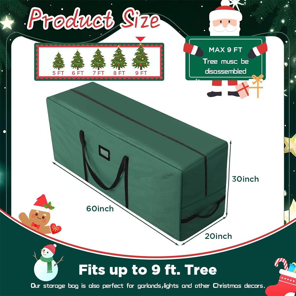 9Ft Christmas Tree Storage Bag, Used For Holding Artificial Christmas Trees, Green (60"x20"x30")