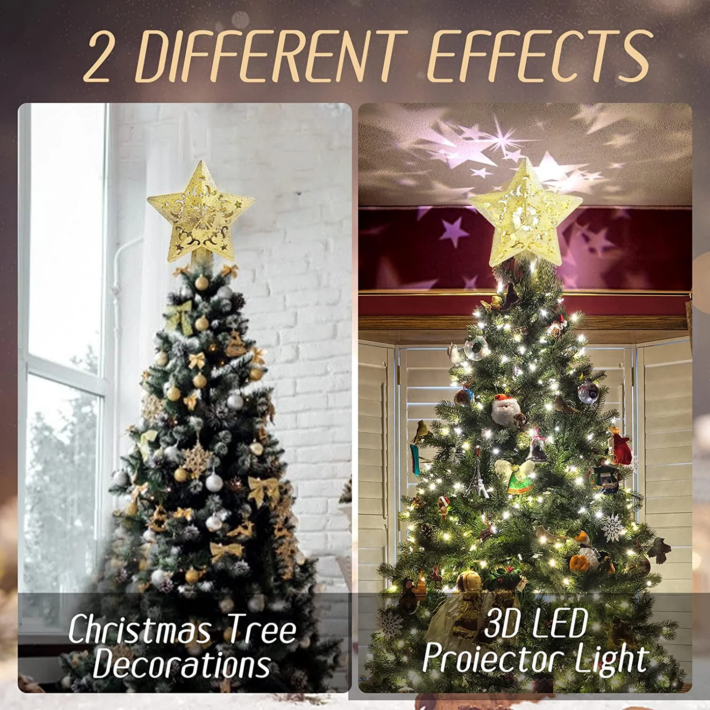 Christmas Star Tree Topper Star Projector Built-in Led 360° Rotating Pentagram Plug in