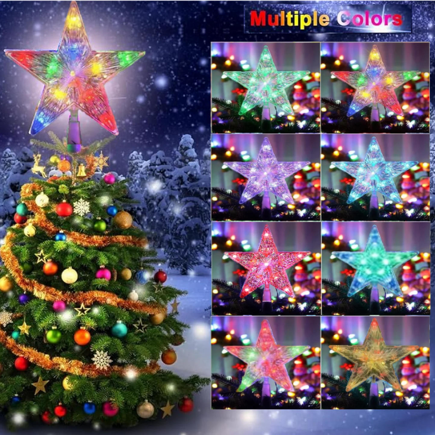 Christmas Tree Topper 7.8" Star Tree Topper Lights Fairy Light RGB Night Tree Topper Remote Control Color Changing
