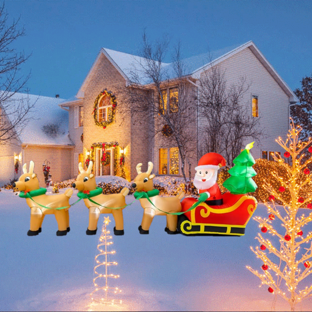 12Ft Inflatables Santa Claus on Sleigh 3 Reindeers Christmas Tree Lighted Xmas Decor Inflatables Christmas Gifts