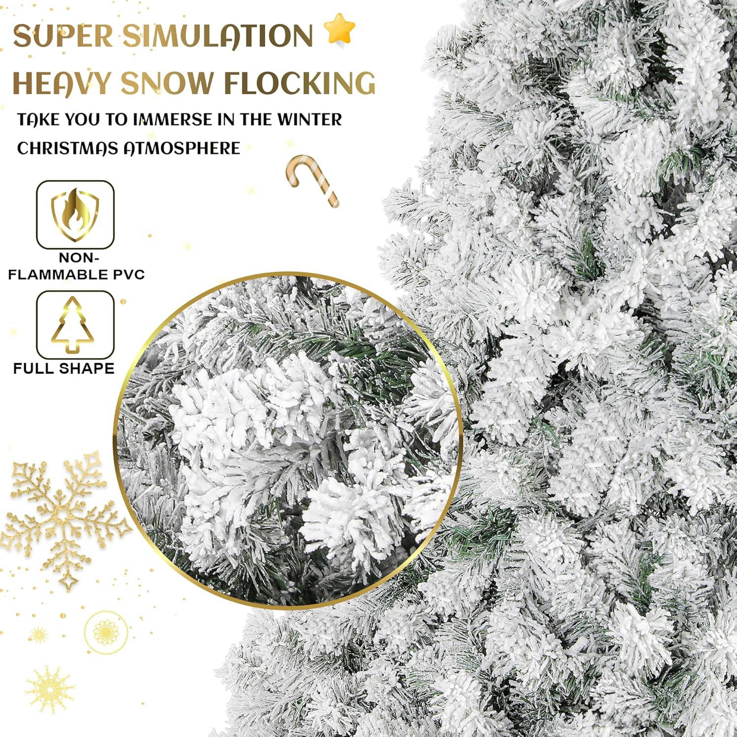7.5Ft Christmas Tree 550 Multicolored Lights Snow Flocked Pine Tree 9 Light Lighting Modes Party Decoration