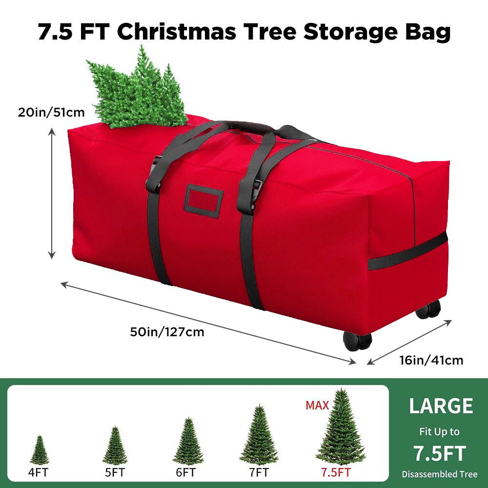 7.5 Ft Christmas Tree Storage Bag Rolling 2 Swivel Wheels Xmas Tree Bag Holiday Tree Storage Case Red
