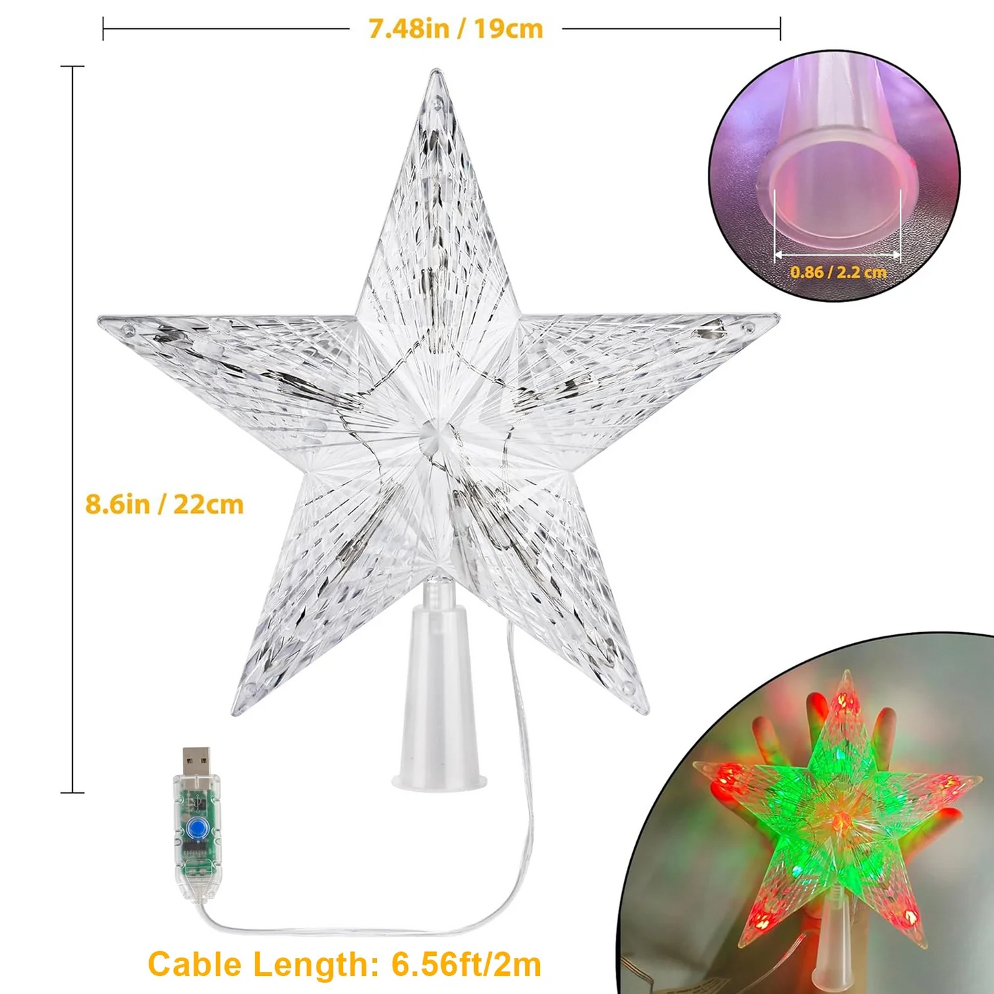 Christmas Tree Topper 7.8" Star Tree Topper Lights Fairy Light RGB Night Tree Topper Remote Control Color Changing